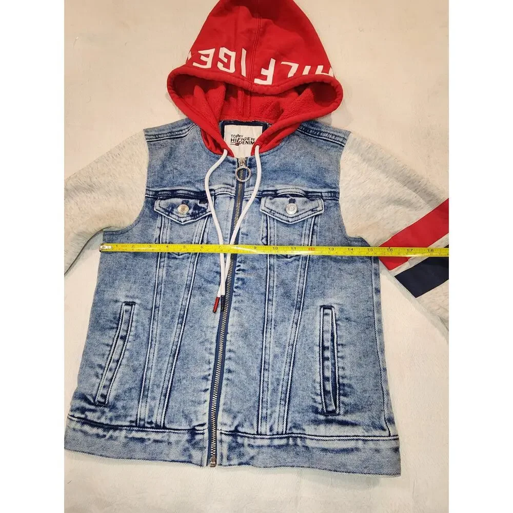 Tommy Hilfiger Denim Hoodie Jacket Vest Hybrid Womens XS Red Grey Y2K Trend